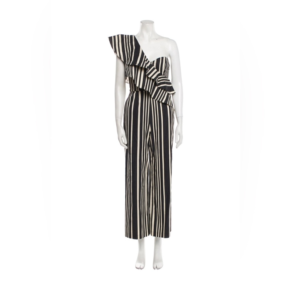 Alice + Olivia Black and White Striped Jumpsuit with Asymmetrical Ruffle
